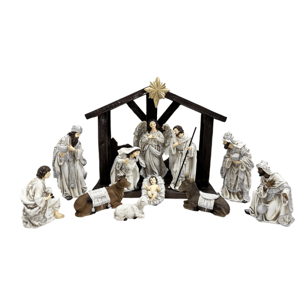 NATIVITY SET &amp; STABLE - 200MM 11PCS SILVER