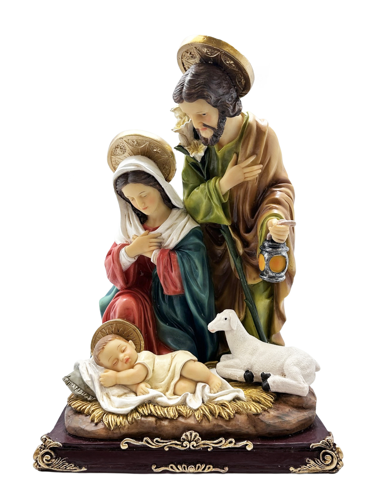 Nativity Statue - Holy Family With Sheep Resin